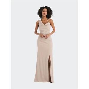 After Six 6849 Cameo Blush Pink Crepe One Shoulder Draped Cowl Neck Gown 4 New